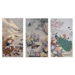 Set of three Japanese framed prints depicting various birds including cranes, peacock and ducks,