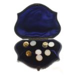 Cased collection of collar studs to include; two yellow metal each stamped 15ct, in blue plush lined