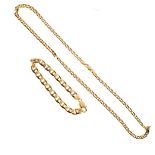 Yellow metal square curb link neck chain and bracelet, stamped Condition: