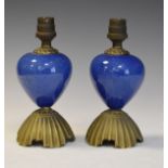 Pair of early 20th Century brass and blue speckled glazed ceramic table lamps Condition: