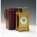 Late 19th/early 20th Century French brass cased carriage clock, the case with fluted pillars to each