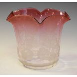 Late 19th/early 20th Century pink glass oil lamp shade having etched foliate decoration Condition: