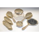 George V five piece silver backed brush set, together with a matching large cut glass dressing table