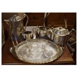 Selection of plated ware comprising: a four piece tea set of quatrefoil design, together with a