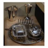 Selection of plated ware to include; circular tray, toast rack, rectangular bon bon dish or