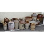 Selection of stoneware pottery to include; water filters, crock mixing bowls, foot warmer, hot water
