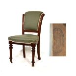 Late 19th/early 20th Century mahogany framed side chair, the seat and back upholstered in grey/green