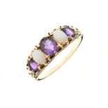 9ct gold ring set opals and amethyst coloured stones, size U, 3.8g approx gross Condition: