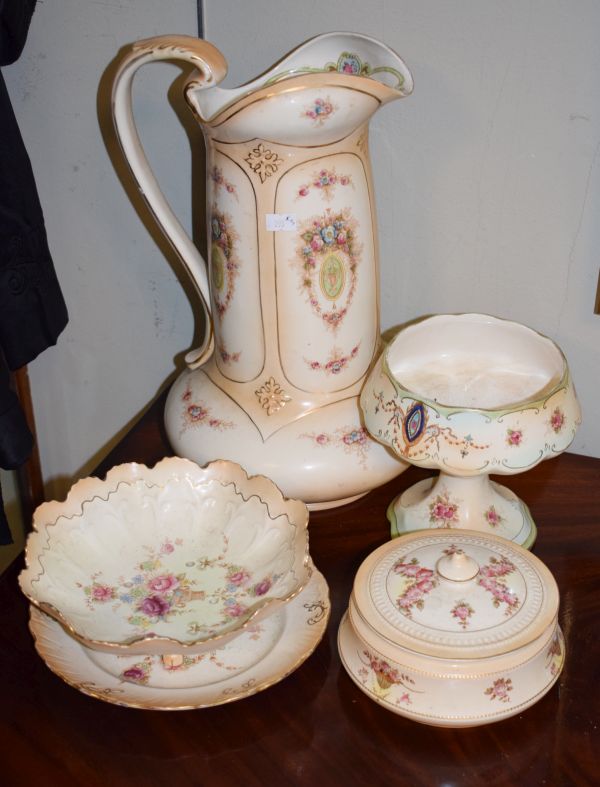 Five items of Fieldings Crown Devon pottery comprising: large wash hand jug, pedestal bowl, cress