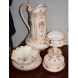 Five items of Fieldings Crown Devon pottery comprising: large wash hand jug, pedestal bowl, cress