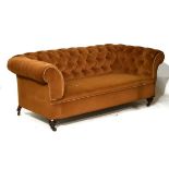 Edwardian three seater Chesterfield settee upholstered in deep buttoned gold plush and standing on
