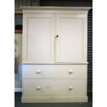 Late 19th Century white painted pine two stage cupboard with moulded cornice over a pair of doors