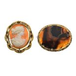Carved shell cameo oval brooch within an unmarked yellow metal frame, together with an oval agate