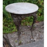 Cast iron Britannia type pub table with circular grey veined white marble top Condition: