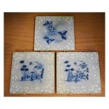 Three 18th Century Delft tiles, each having blue painted foliate decoration within a bianco sopra