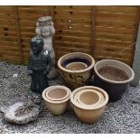 Selection of garden planters and ornaments to include; green painted Oriental style figure,