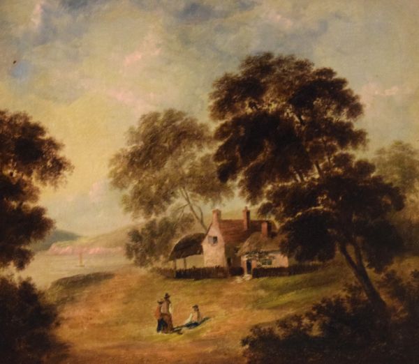 English School, 19th Century - Oil on canvas - Figures before a thatched cottage and lake landscape,