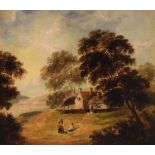 English School, 19th Century - Oil on canvas - Figures before a thatched cottage and lake landscape,