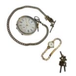 Swiss white metal open face pocket watch, retailed by H Samuel Manchester, the white Roman dial