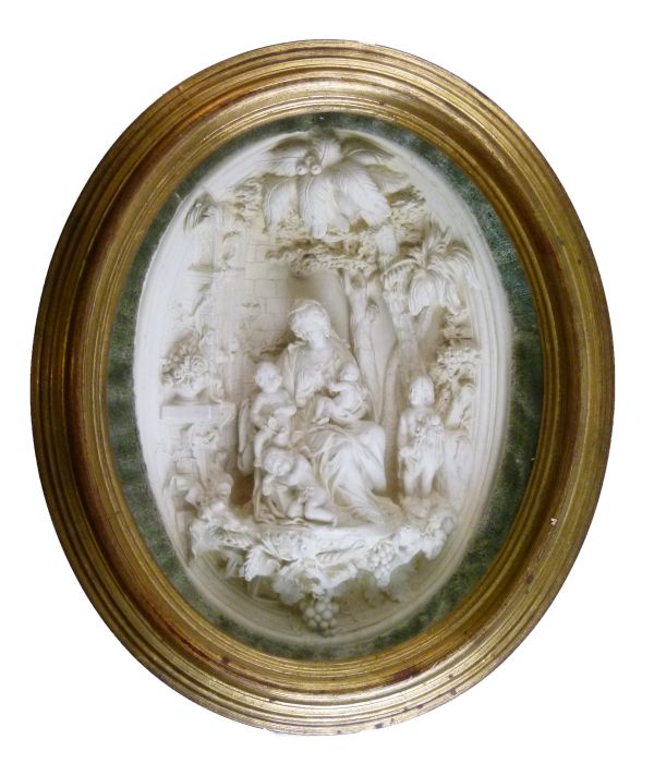 20th Century Continental oval plaster relief or diorama modelled as a mother and children before