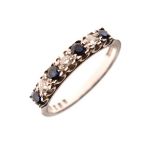 White metal ring set three diamonds and four sapphire coloured blue stones, the shank stamped '