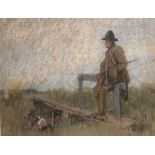 John Robert Keitley Duff, (1862-1938) - pastels - Gentleman with his dog on a wooden river bridge,