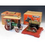 Mamod steam tractor, boxes together with a Mamod twin cylinder soup heated steam engine, boxed