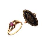 9ct gold ring set diamonds and ruby coloured red stone in crossover design, size O, together with an