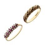 9ct gold ring set five ruby coloured red stones interspersed with smaller pairs of diamonds,