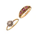 18ct gold ring set four small diamonds and three ruby coloured red stones, size M, together with a