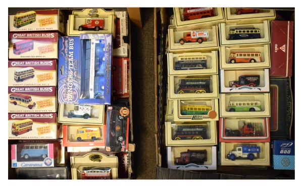 Three boxes containing assorted die-cast and other model vehicles to include; Lledo, Great British