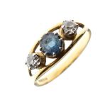 18ct gold ring set two diamonds flanking central sapphire coloured blue stone, size Q, 3.7g approx