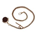 9ct rose gold curb link fob chain or Albert, with clasp and T-bar to a swivel fob with carnelian and