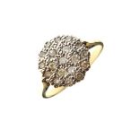 Unmarked yellow metal cluster ring set nineteen small diamonds in concentric illusion setting,