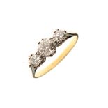 Yellow metal ring set three diamonds in platinum claw setting, the shank stamped '14-18K', size O,