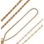 Two 9ct gold neck chains to include a rope link example, together with a 9ct gold fancy link