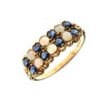 9ct gold ring set two rows of alternating sapphire coloured blue stones and opal cabochons, size