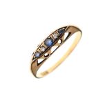 Dress ring set two diamonds and three sapphire coloured stones, the shank stamped 18ct, size O