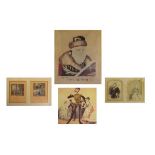 Assorted prints and textiles to include; a 19th Century wool work picture of a Rabbi with Hebrew