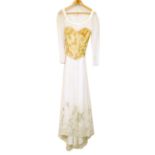 Early 20th Century white silk, fine cotton and applique dress, with silk neckline and shoulders over