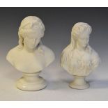 Belleek - Bisque and glazed bust 'Sorrow', 28cm high and a Parian Ware similar bust, 24.5cm high