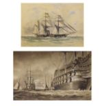 Three maritime watercolours comprising: a paddle steam sail ship, two masted frigate and a