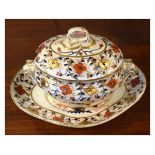 Royal Crown Derby boat shaped sauce tureen, cover and stand having typical Japan decoration