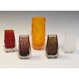 Whitefriars Glass - Four 'coffin' shape vases and a Jeffrey Baxter tangerine bark vase, the later