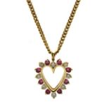 Heart shaped pendant set alternate diamonds and ruby coloured stones, on a fine curb link chain, the