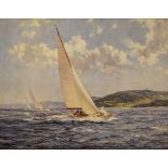 After Montague Dawson - Coloured print - 'Yacht race along the coast', 49.5cm x 74.5cm, framed and