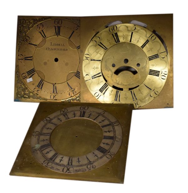 Clock dials - three examples comprising: a 12" square brass dial engraved Liddell, Oldswinford,