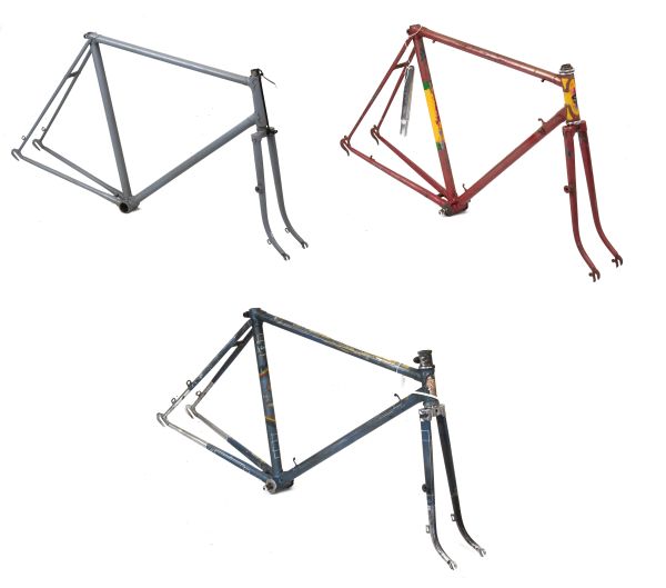 Cycle racing frames - red steel vintage racing frame, a Claude Butler renovated blue frame