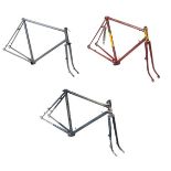 Cycle racing frames - red steel vintage racing frame, a Claude Butler renovated blue frame