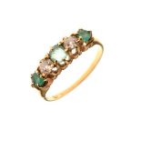 Gold dress ring set two diamonds and three emerald coloured stones, hallmarks indistinct, size O